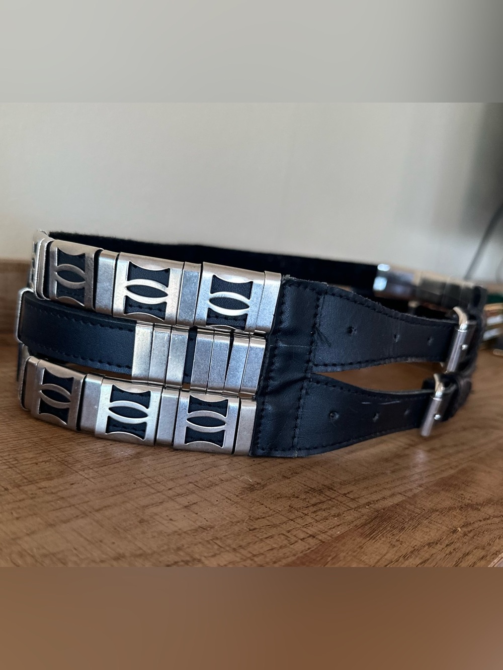 Vintage Soft Leather belt, black with metal ornaments.